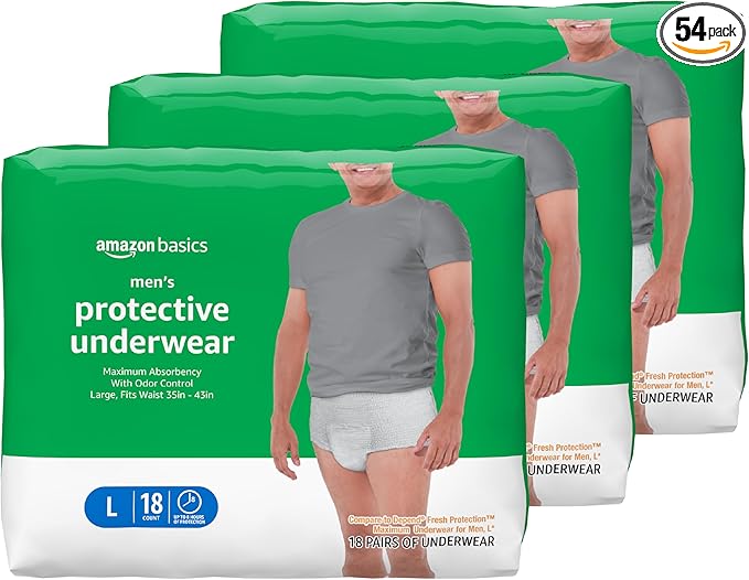 Amazon Basics Incontinence Underwear for Men, Maximum Absorbency, Large, 54 Count (3 Packs of 18)