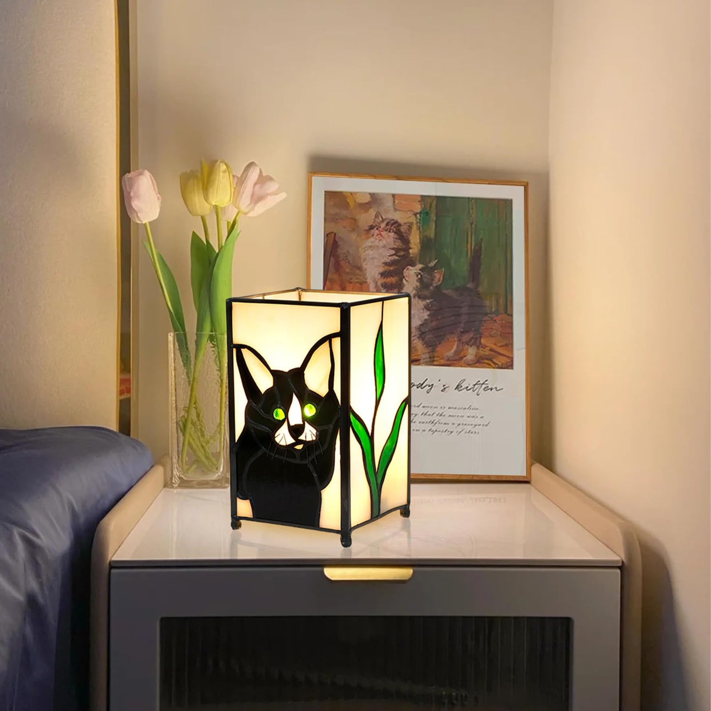 Kiphepi Tiffany Lamp Stained Glass Lamp Small Bedside Table Lamps For Living Room Home Decor Girls Women Birthday Halloween Christmas Thanksgiving Day Gift Black Cat