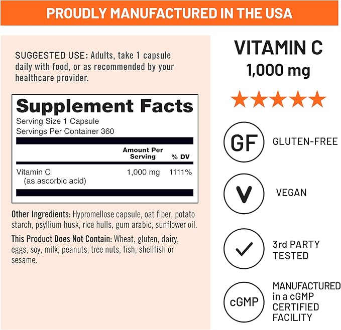 NatureWise Vitamin C 1000mg Capsules - Extra Strength Vegan Vitamin C for Daily Antioxidant & Immune Support - Non-GMO, USA Manufactured - 360 Capsules[360-Day Supply]