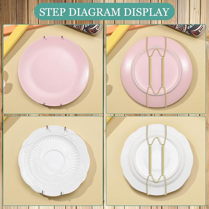 Hotop 12 Pieces Plate Hangers for Wall 8/10/12 Inch Stainless Steel Wire Invisible Plate Hangers Heavy Duty Display Holders with 12 Pieces Hooks for Wall Decorative(Gold)