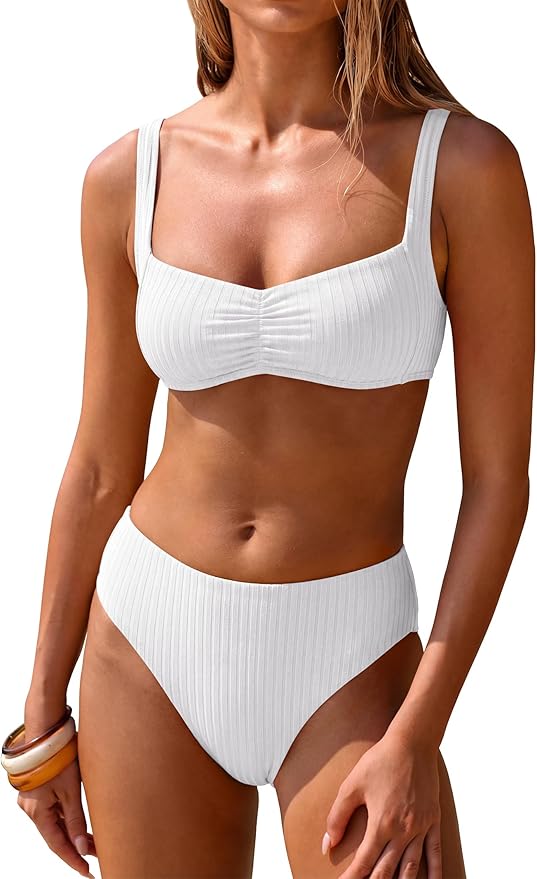 ANRABESS Womens Bikini Sets Two Piece Swimsuit Ribbed Front Ruched Mid Waisted Bathing Suit Color Block 2026 Beach Swimwear