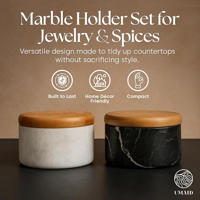 UMAID Marble Salt and Pepper Bowls | Set of 2 Solid Bianco White & Graphite Grey Marble Cellars with Lids and Spoons | Handcrafted Salt & Pepper Containers for Kitchen Countertop