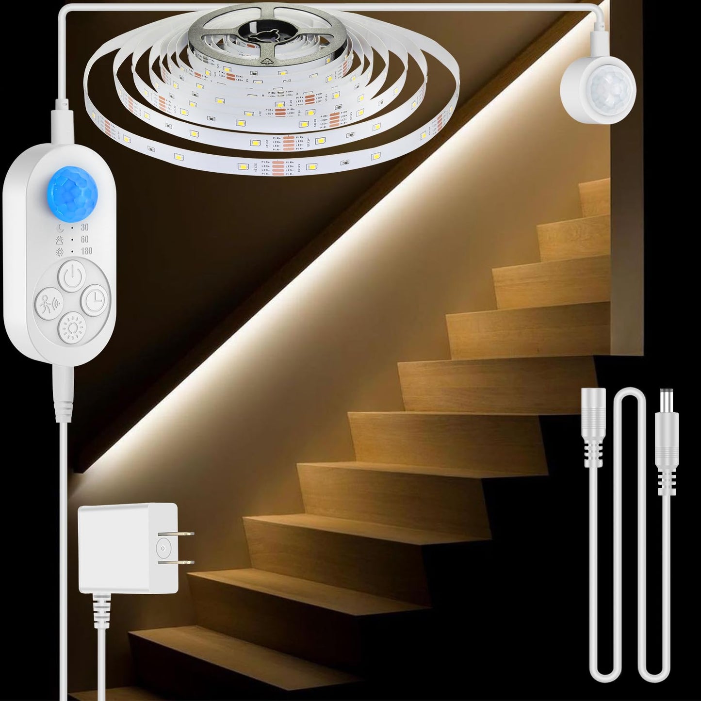 Dual Motion Sensor Light Indoor - Plug-In Motion Activated Led Stair Light Strip Step Light With Double Sensors  Dimmer And Timer For Stairway  Bedroom  Corridor (Warm White 3000K 16.4Ft Light Strip)