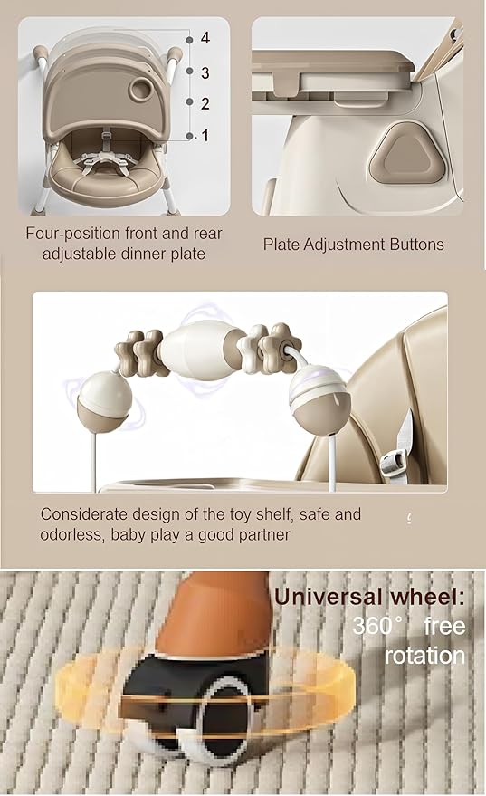 Nine point nine PU Leather High Chairs with Rocking Mode, High Chair for Babies and Toddlers, Adjustable and Easy to Fold Highchair, Highchairs with Double Tray (Grey)