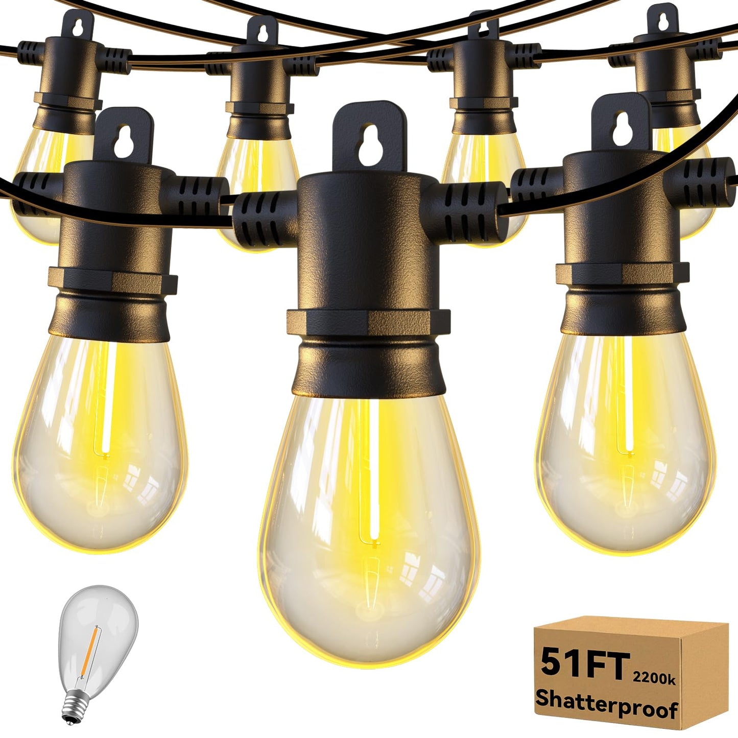 Aialun 51ft LED Outdoor String Lights, Waterproof with 16 S14 Shatterproof Bulbs, Black 2200K, Model USS14-51FT15LEDP1#2