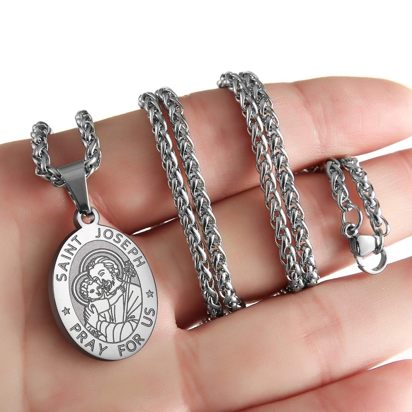 Zocomi Silver Saint St Joseph Medal Necklace for Men Boys, St. Joseph Pendant Chain Jewelry Catholic Christian Religious Baptism