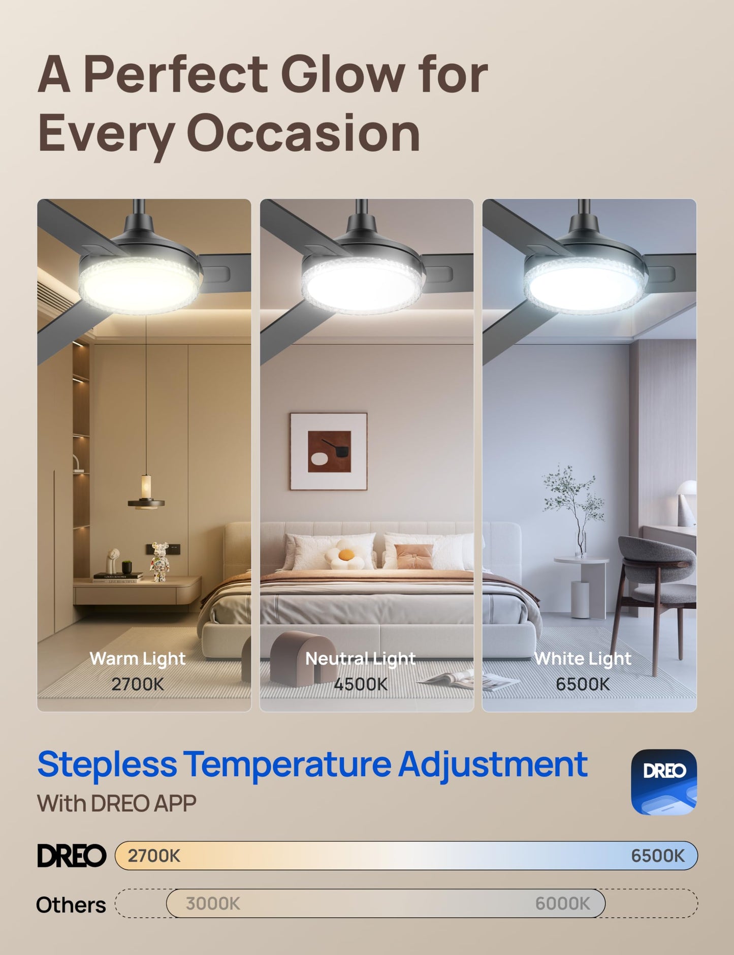 Dreo 52 Inch Smart Black Ceiling Fans With Lights, 12 Speeds & 3 Fan Modes, Stepless Color Tones, Dimmable Led Light, 1-12H Time