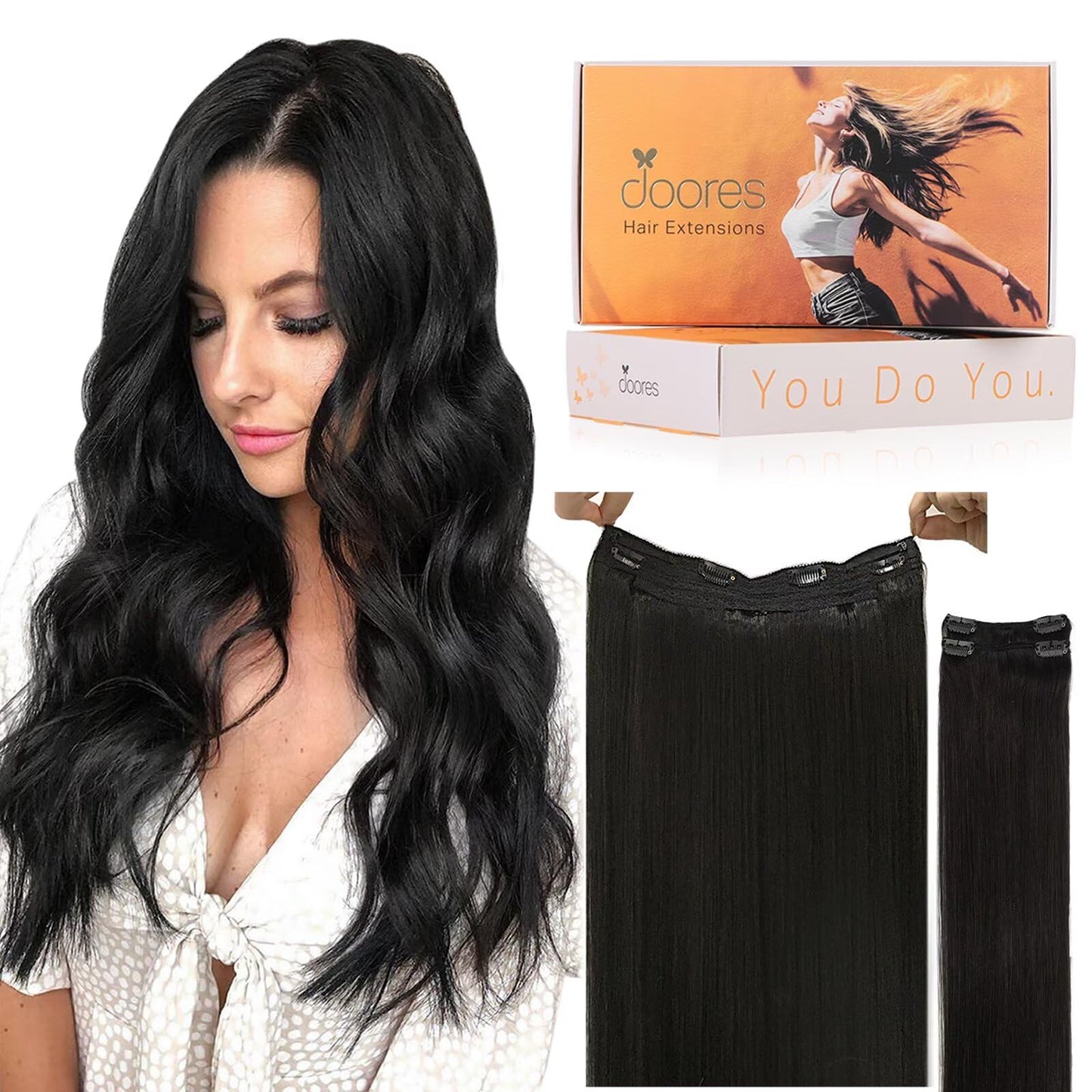 DOORES Wire Hair Extensions, Natural Black 14 Inch 75g Fish Line Weft Extensions and 2pcs 30g Clip ins, 105g Invisible Wire Real