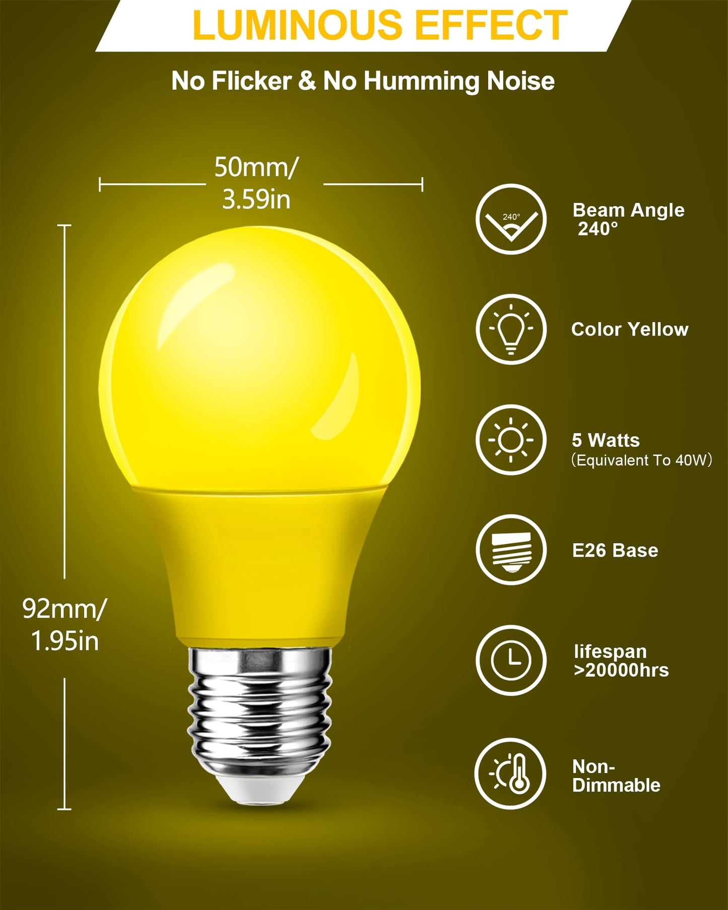 2 Pack A15 Led Yellow Bug Light Bulbs For Outdoor  40Watt Equivalent E26 Base  5W Amber Yellow Lighting For Indoor&Outdoor  Party&Holiday Decoration  Christmas  Bedroom  Nightlight  Non-Dimmable