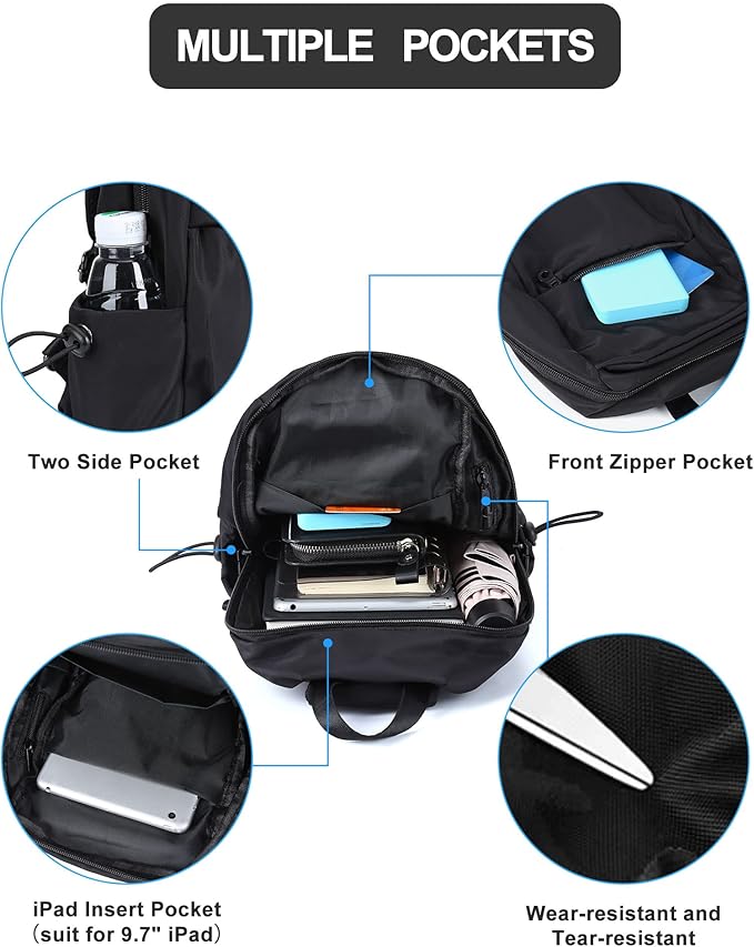SEAFEW Small Black Sling Crossbody Backpack Shoulder Bag for Men Women, Lightweight One Strap Back Pack Sling Bag Backpack for Hiking Walking Biking Travel Cycling USB Charger Port-Nylon