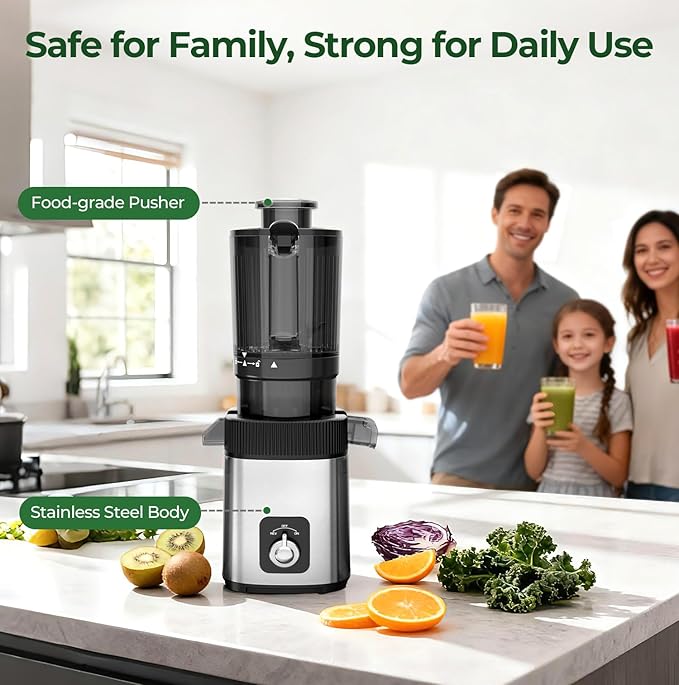 Cold Press Juicer Machine, 4.4" Wide Feed Chute, Slow Masticating Juicer for Whole Vegetables & Fruits, Easy to Clean Stainless Steel Juice Press, Dishwasher Safe, High Juice Yield