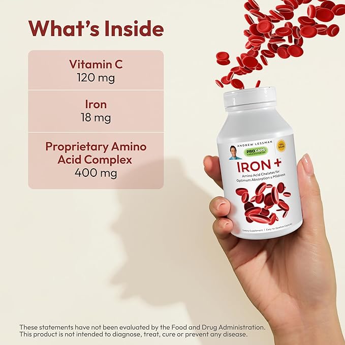 ANDREW LESSMAN Iron Plus 90 Capsules - 18mg Iron, 100% Pure Amino Acid Chelated Iron (Glycinate, Aspartate), Plus Vitamin C for Increased Absorption, Small, Easy to Swallow Capsules, No Additives