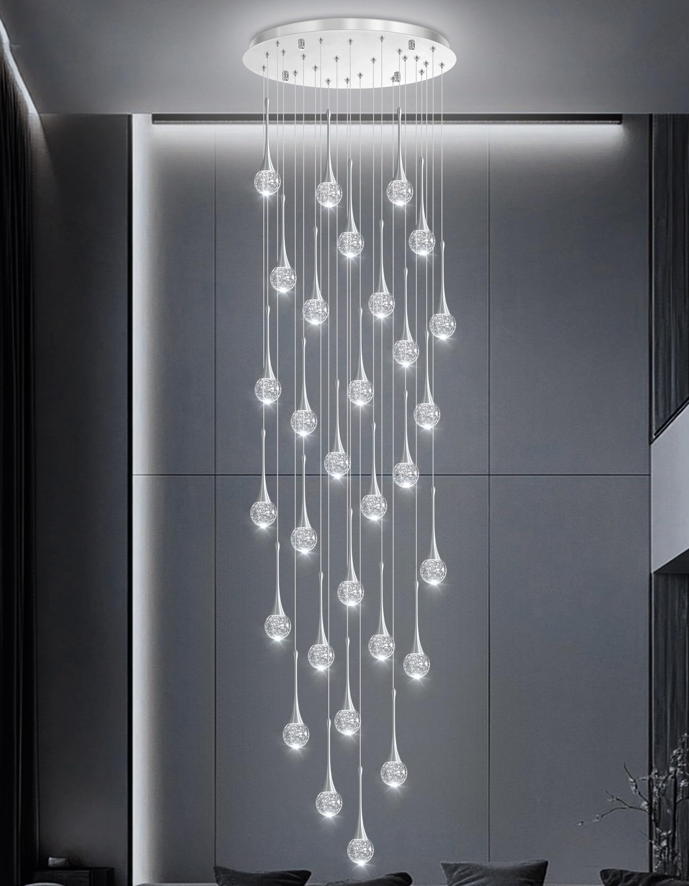 30 Light Modern Glam Crystal Chandelier For High Ceiling Led Dimmable Ceiling Pendant Light Staircase Foyer Enterway Living Room Chandelier Lighting Antique Silver