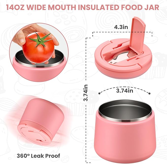 Kids Thermo for Hot Food, 14oz Insulated Soup Jar, Stainless Steel Lunch Box with Leakproof Lid & Spoon, Vacuum Insulated Bento Container (Dark Pink)