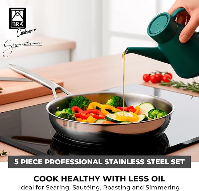 BRA COOKWARE Signature 5 Piece Cookware Set | Stainless Steel Professional Kitchenware Set | 1 Pot, 1 Colander, 2 Frying Pans, 1 Lid | All Stovetop Compatible | PFOA Free