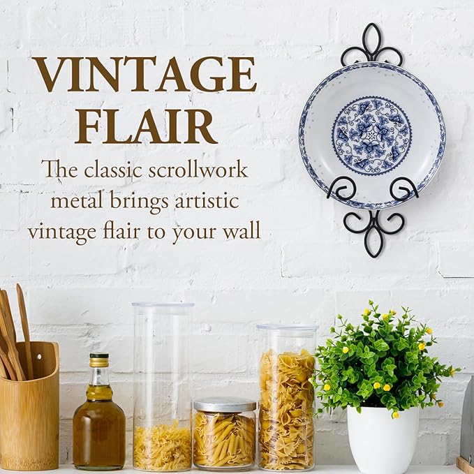 MyGift Small Wall Mounted Metal Wire Vertical Collectible Plate Holder in Matte Black Finish, Decorative Vintage Scrollwork Hanging Rack Holds Single 5.5 to 8 Inch Plates