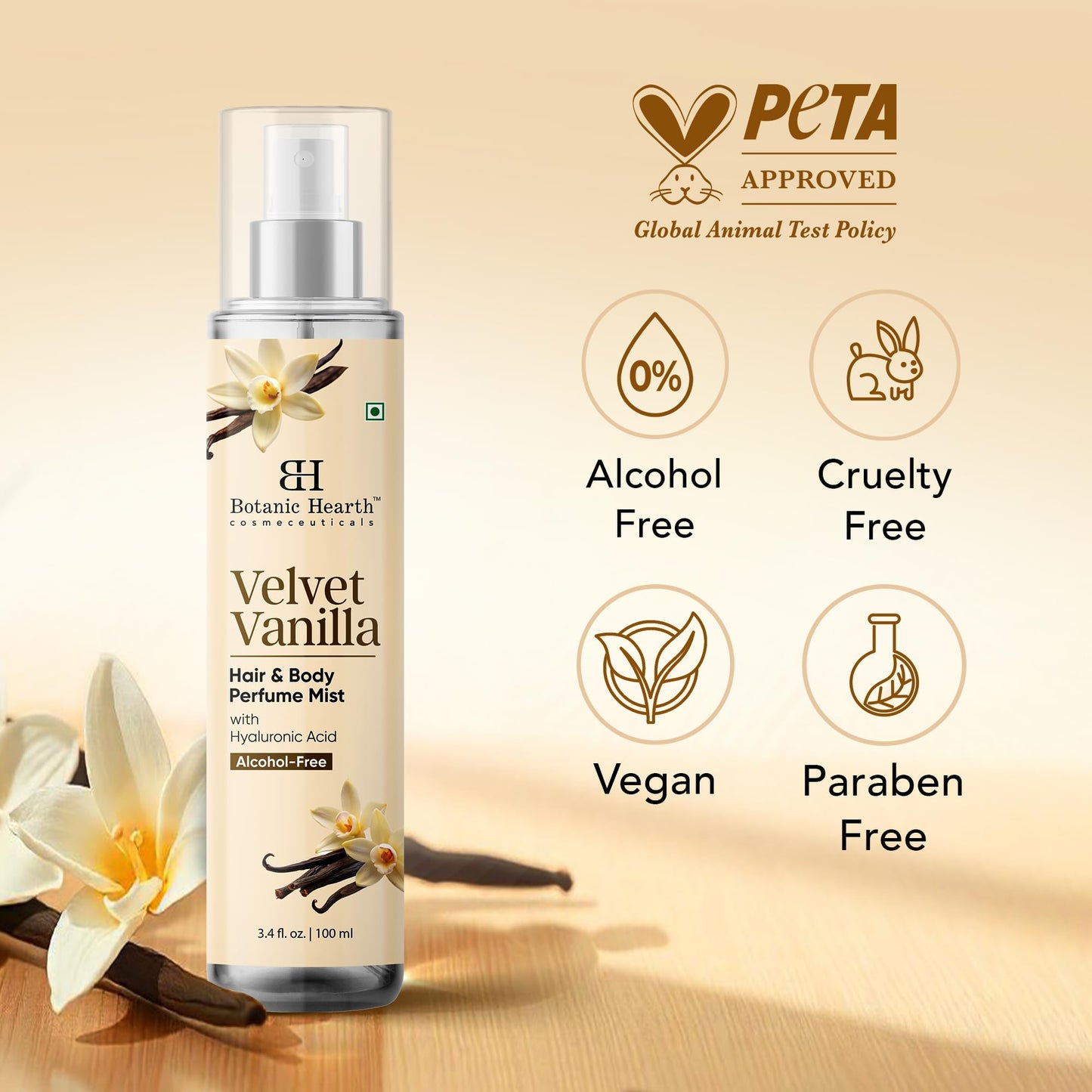 Botanic Hearth Velvet Vanilla Hair & Body Perfume Mist with Hyaluronic Acid, Alcohol-Free Formula, Long Lasting Fresh Vanilla Scent, Lightweight Body Spray for Women & Men, 3.4 fl oz / 100 ml