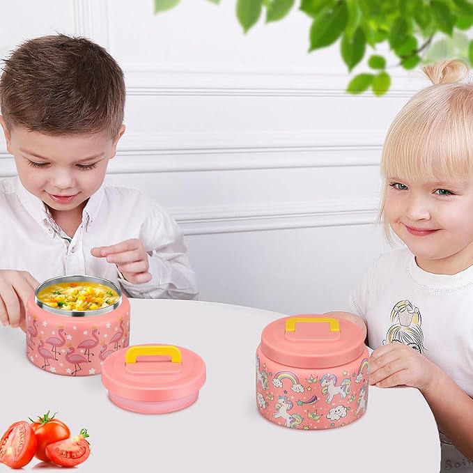 PIQUEBAR 8oz Kids Thermo for Hot Food,Small Lunch Thermos Food Container Stainless Steel,Easy Open Wide Mouth Thermo for Hot Cold Food for Preschool Travel (Pink Flamingos)