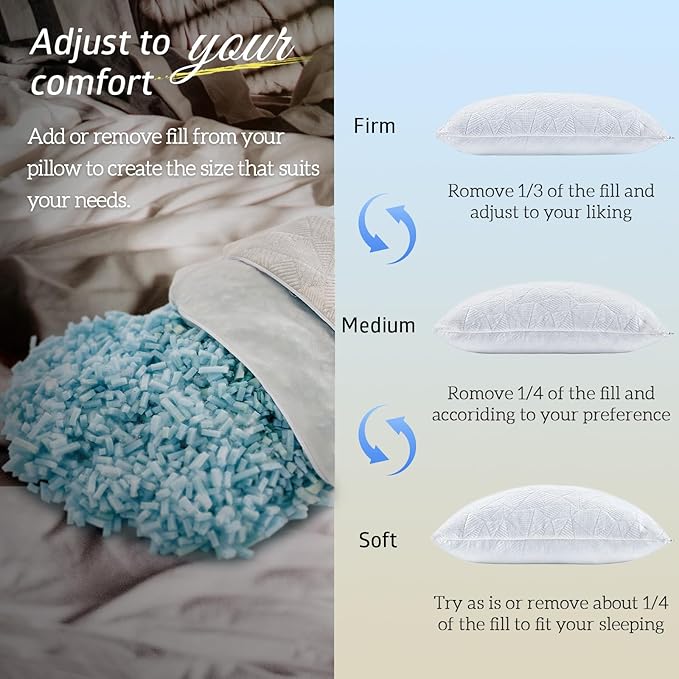 BETU Cooling King Pillow, Shredded Memory Foam Cool Pillow for Hot Sleepers, Adjustable Firm Soft Support Bed Pillows Perfect for Back Neck Pain and Side Sleeping with Pillow Case Cover, Ivory