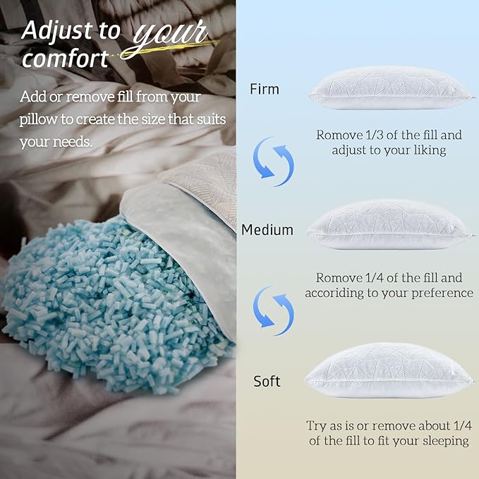BETU Cooling Pillows Queen Size Set of 2, Shredded Memory Foam Cool Pillows for Hot Sleepers, Adjustable Firm Soft Support Bed Pillows Perfect for Back Neck Pain and Side Sleeping with Cover, White
