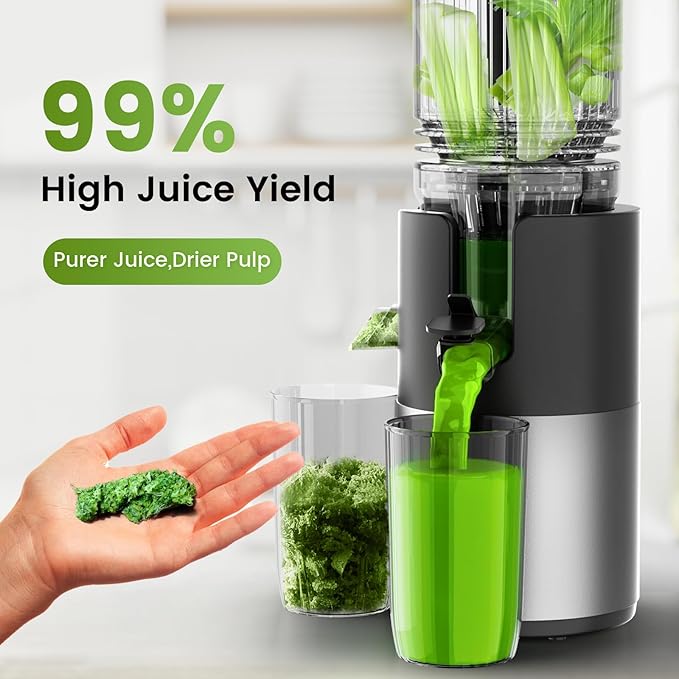 Cold Press Juicer, Juicer Machines 5.3"Wide Feed Chute for Whole Fruits & Vegetables, Electric Juicer of Pulp Separation with 99% High Juice Yield, Preserves Nutrients, Easy to Clean, BPA Free