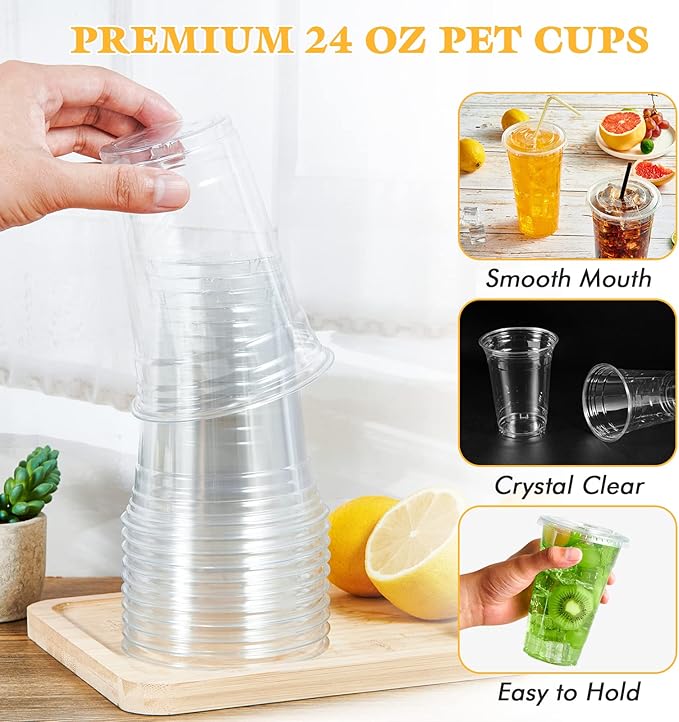 Vplus 140 Pack 24 OZ PET Clear Plastic Cups with Lids, 24 OZ Crystal Cold Disposable Drinking Plastic Cups with Flat Lids, Perfect for Ice Coffee, Smoothie, Juice