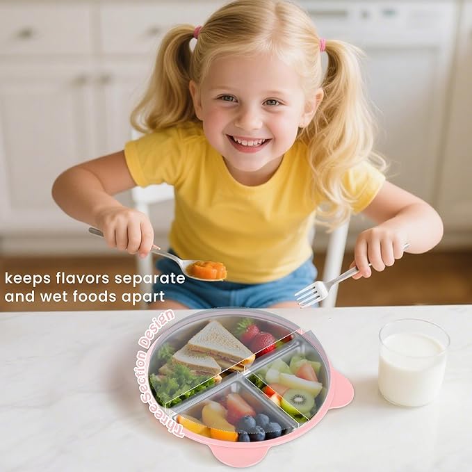 Stainless Steel Kids Plate with Suction Set of 2, 9″ Toddler Divided Plates with Removable Non Slip Silicone Sleeves, Unbreakable Baby Snack Dishes, BPA Free, Beige & Light Pink