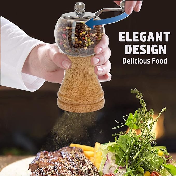 Salt and Pepper Grinder Set Manual Pepper Grinder Set Classical Hand Shake Acrylic Wooden Pepper Mill Ceramic Blades Upgrade Metal Handle, Enjoy Best Fresh Ground Pepper Salt spices (1pcs-5in)