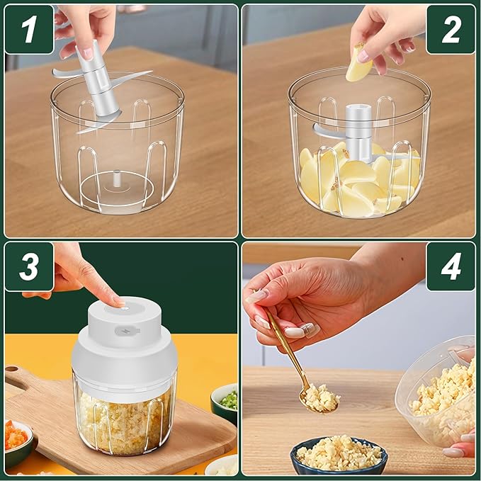 Electric Garlic Chopper, 250ML Garlic Mincer with Egg Beater, Mini Portable Vegetable Chopper, Onion Grinder Masher, USB Small Food Processor for Veggie, Garlic, Ginger, Chili(White)