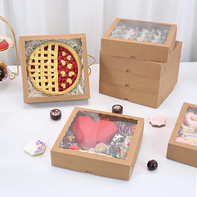 Brown Bakery Boxes with Window (12pcs, 9x9x2.5 Inch) for Christmas: Ideal for Pie, Cookies, Chocolate Covered Strawberries, Breakable Heart & Charcuterie