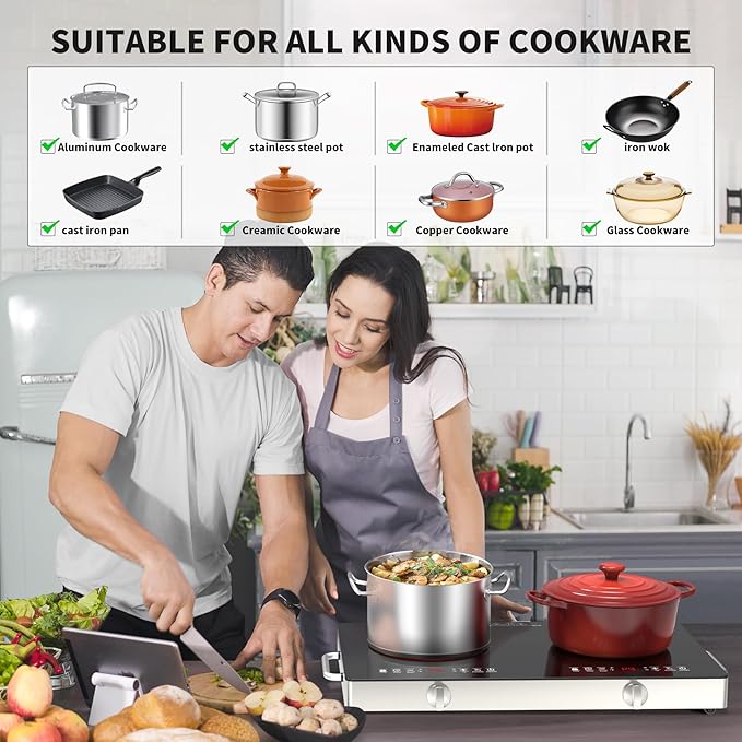Electric Cooktop,110V 2400W Stove top, Countertop Cooktop with 9 Power Levels, LED Display,Child Safety Lock, Timer,Knob and Touch Control 2 burner Electric cooktop