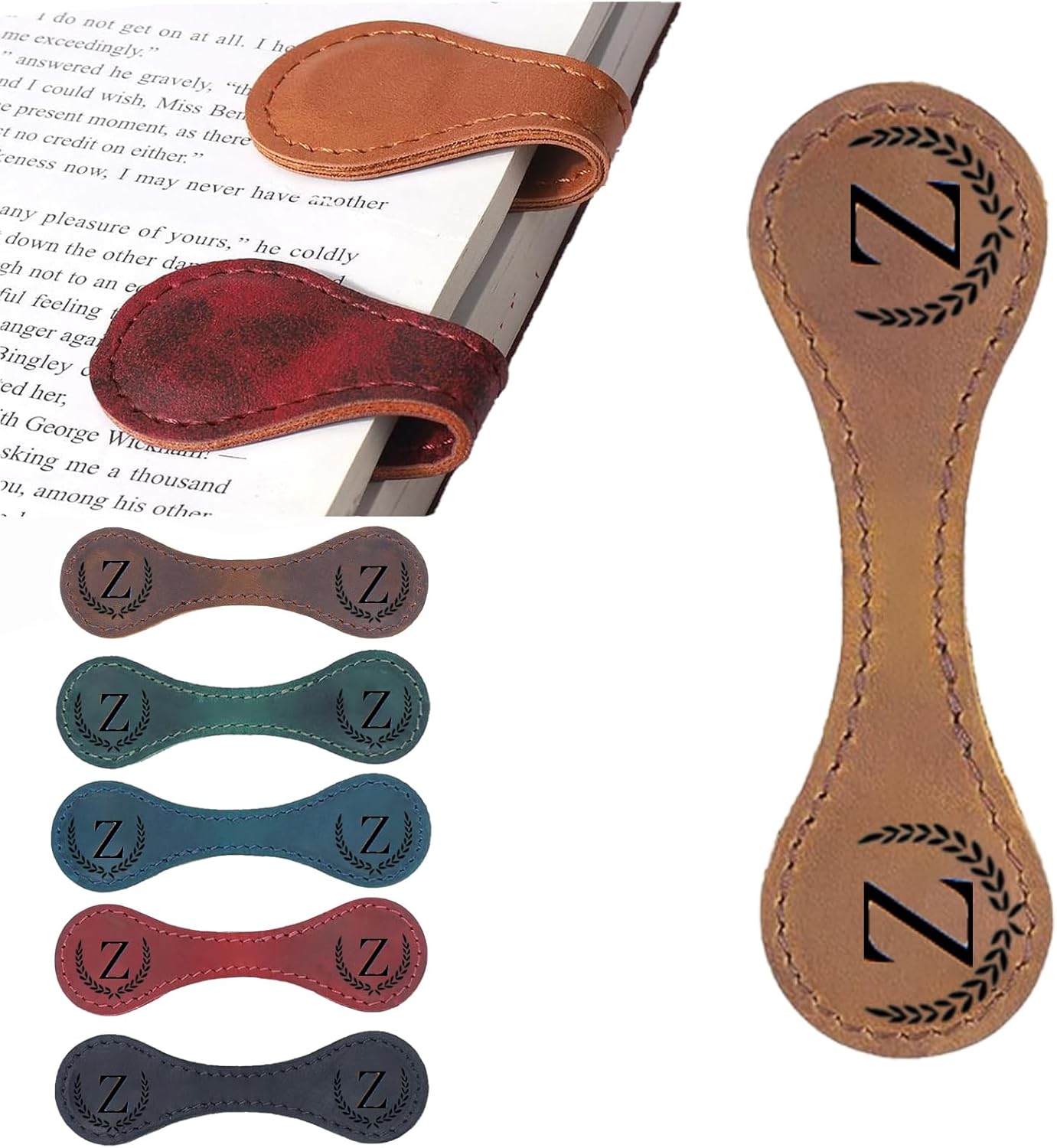 Personalized Magnetic Leather Bookmark, 26 Letters Custom Leather Bookmarks, Handmade, Leather Magnetic Bookmark for Book Lovers Readers Women Kid(Dark Yellow，Z）