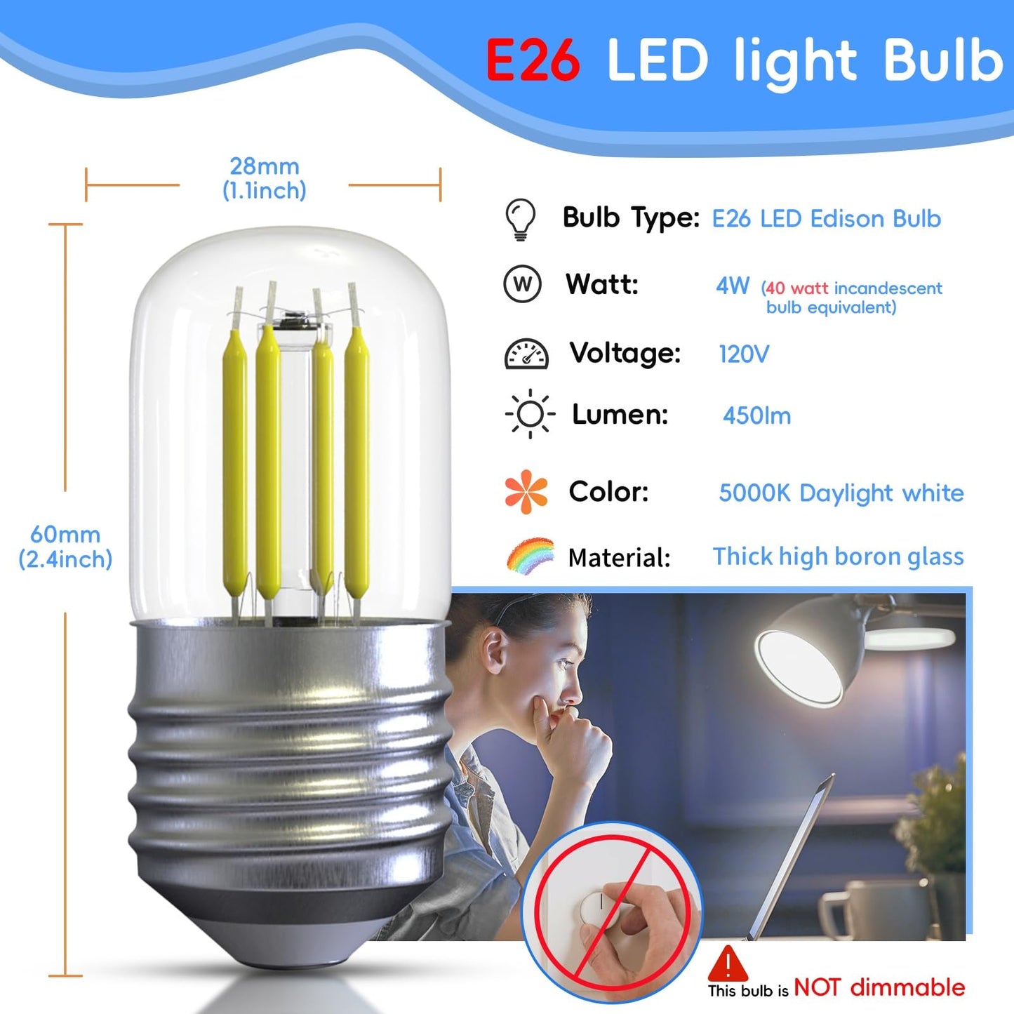 Jensense E26 Led Bulb 4W (40W Equivalent) Cool White 2 Pack For Refrigerators, Desk & Floor Lamps, Model Etl-Lbcst28E26