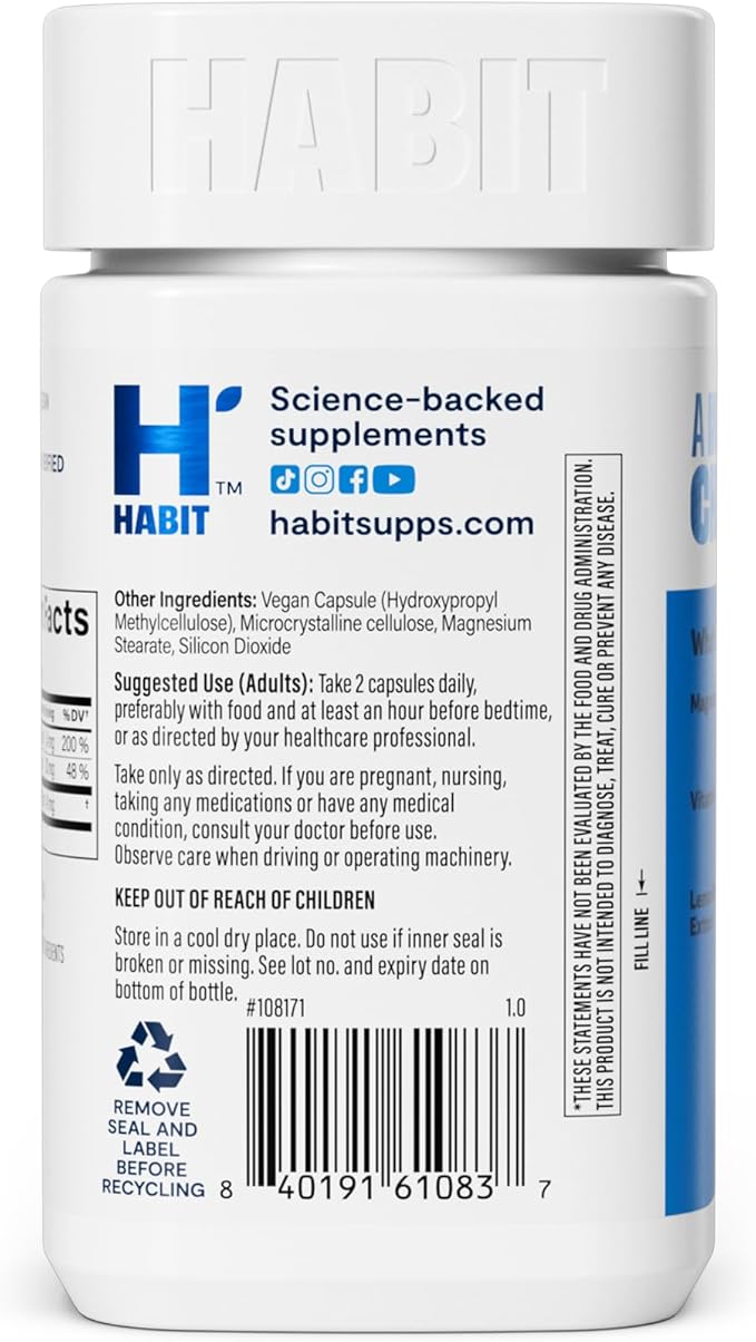 Habit Magnesium Sleep & Recover Supplement Dual Pack, Magnesium Glycinate, Vitamin B6, Lemon Balm, (120 Capsules, 1 Pack x 60 Capsules)
