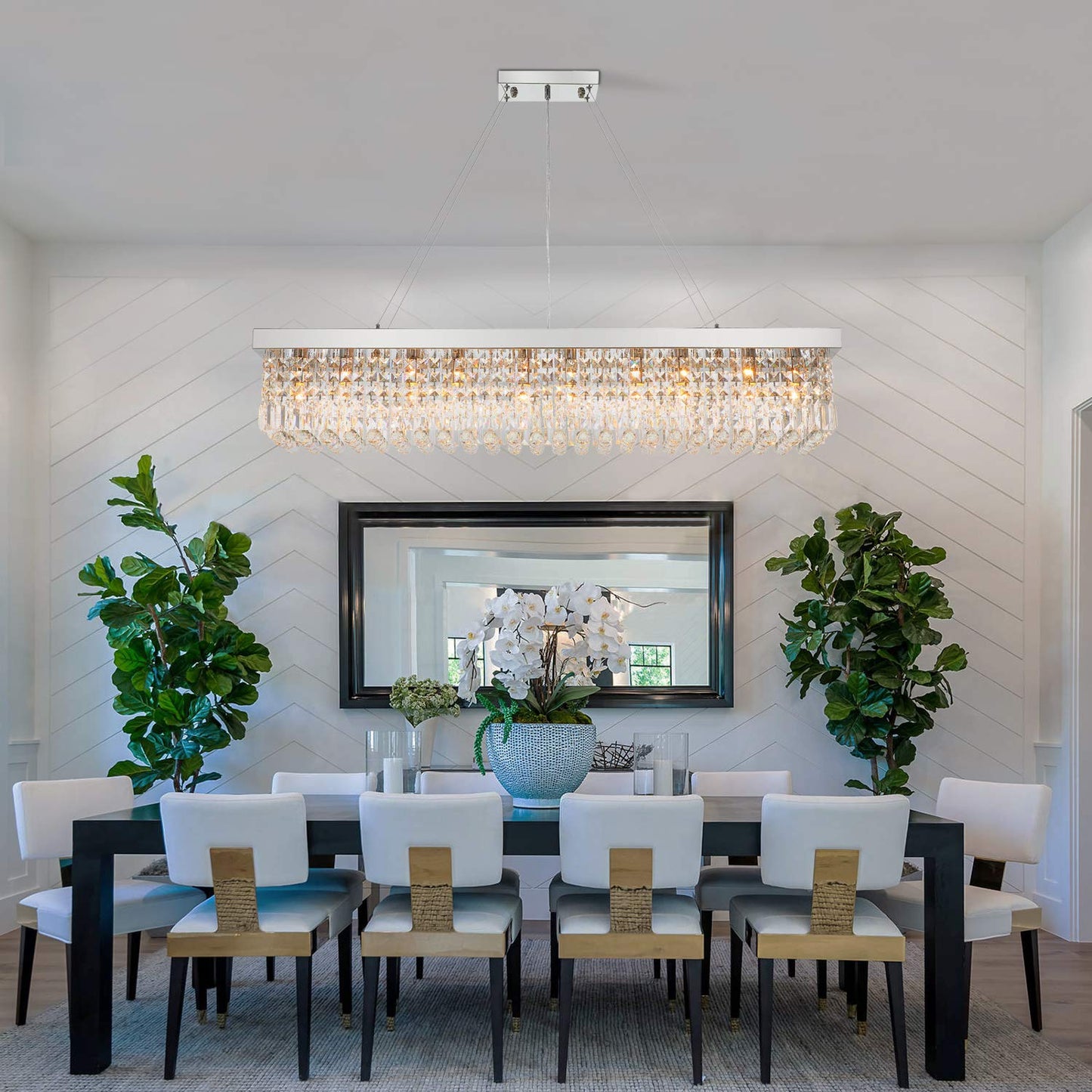 7Pm K9 Crystal Chandelier - Modern Rectangular Pendant Light Fixture, Chrome, L47 X W10 X H10, For Dining Room & Kitchen Island