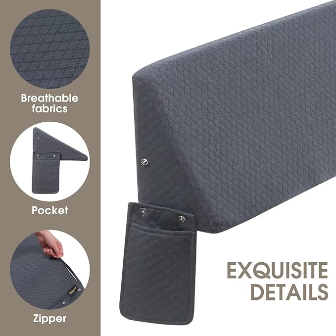 Queen Size (60"x10"x6") Bed Wedge Pillow For Headboard, Bed Gap Filler, Noodle Mattress Wedge Pillow Triangle For Sleeping To Fill The Gap (0-8") Between Headboard and Mattress, (Dark Grey, Queen)