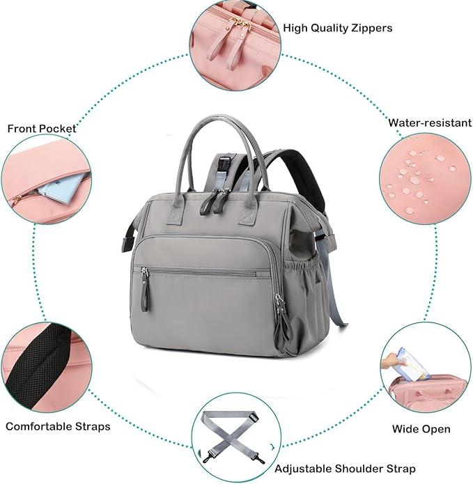 Convertible Diaper Bag Tote, Wide Open Top 14 Pockets Stylish Baby Diaper Bag with Stroller Buckle, Water-resistant (Grey, Large)