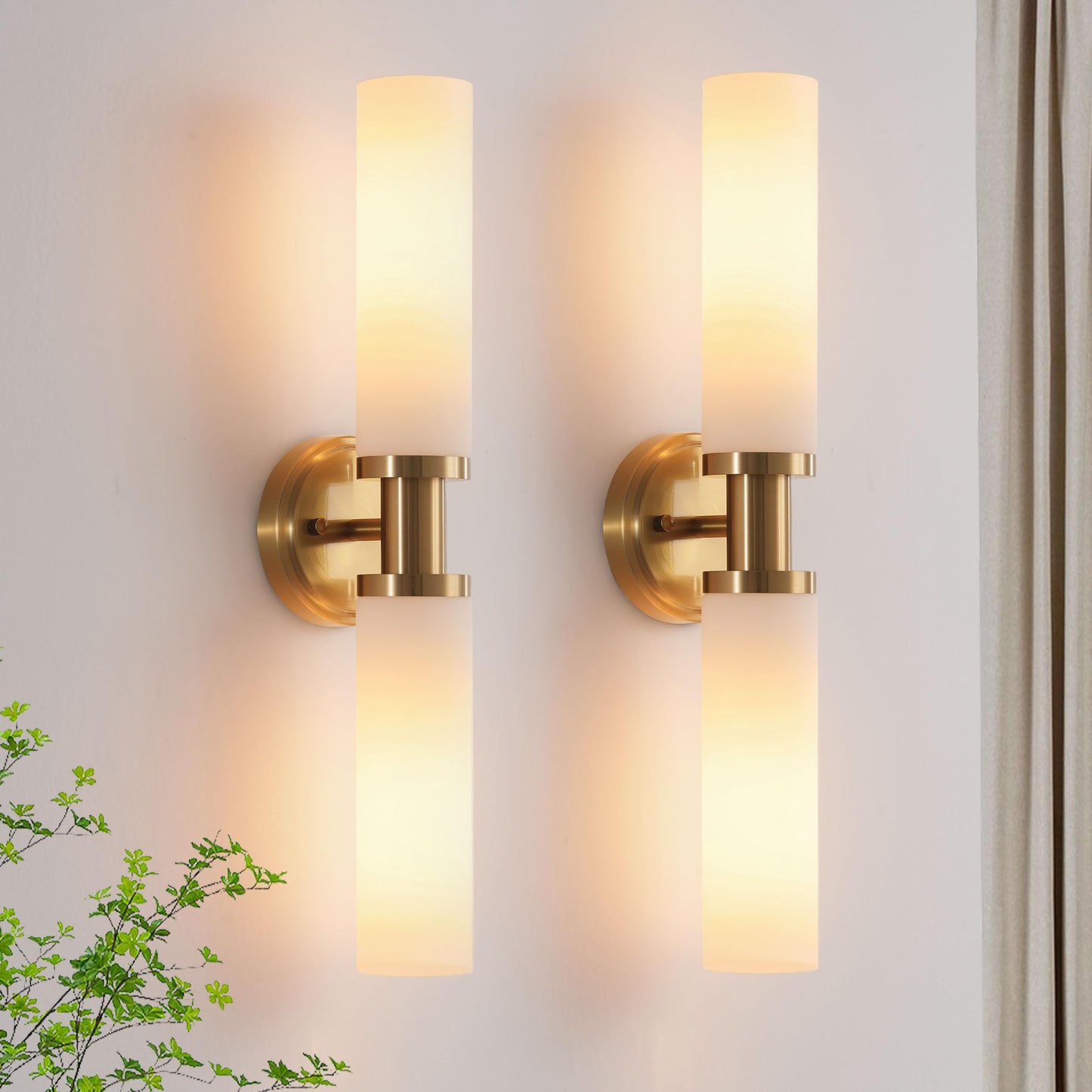 KUZZULL Wall Sconces Set of 2, Brass Gold Modern Lighting with White Glass for Bathroom, Living Room, Hallway, Bedroom