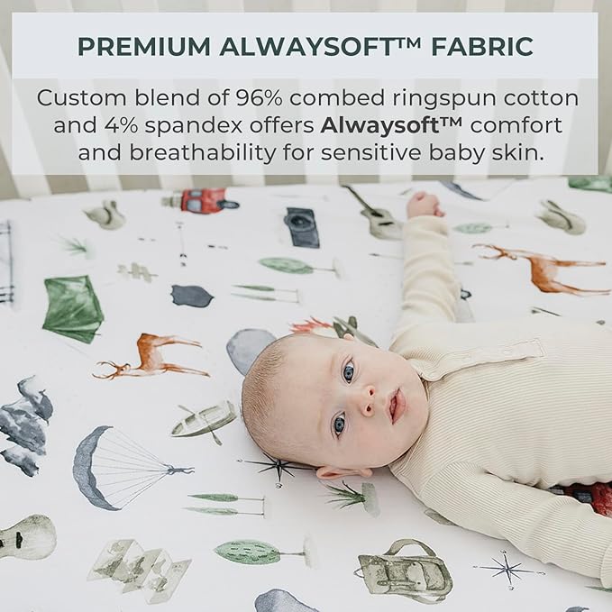 Pobibaby - 2 Pack Premium Pack N Play Sheets Fitted for Standard Pack and Plays and Mini Cribs - Ultra-Soft Cotton Blend, Stylish Woodland Pattern, Safe and Snug for Baby (Explore)