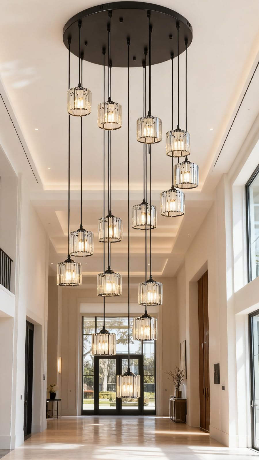 Meimond Long Chandeliers For High Ceilings Modern Crystal Pendant Light Raindrop Drop Lamp Hanging Flush Mount Lighting Fixtures For Spiral Staircase Foyer Entryway Living Room Black (15 Lights)