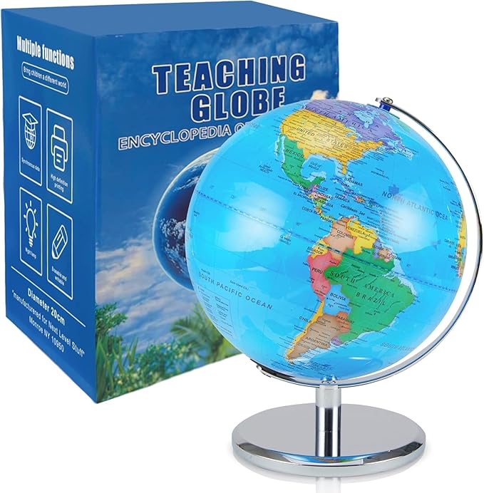 LED Illuminated World Globe with Chrome Rotating Stand – 3-in-1 Educational Tool for Kids & Adults, Interactive Learning Globe with Constellation Map, Lighted Display, 9.5 Inch