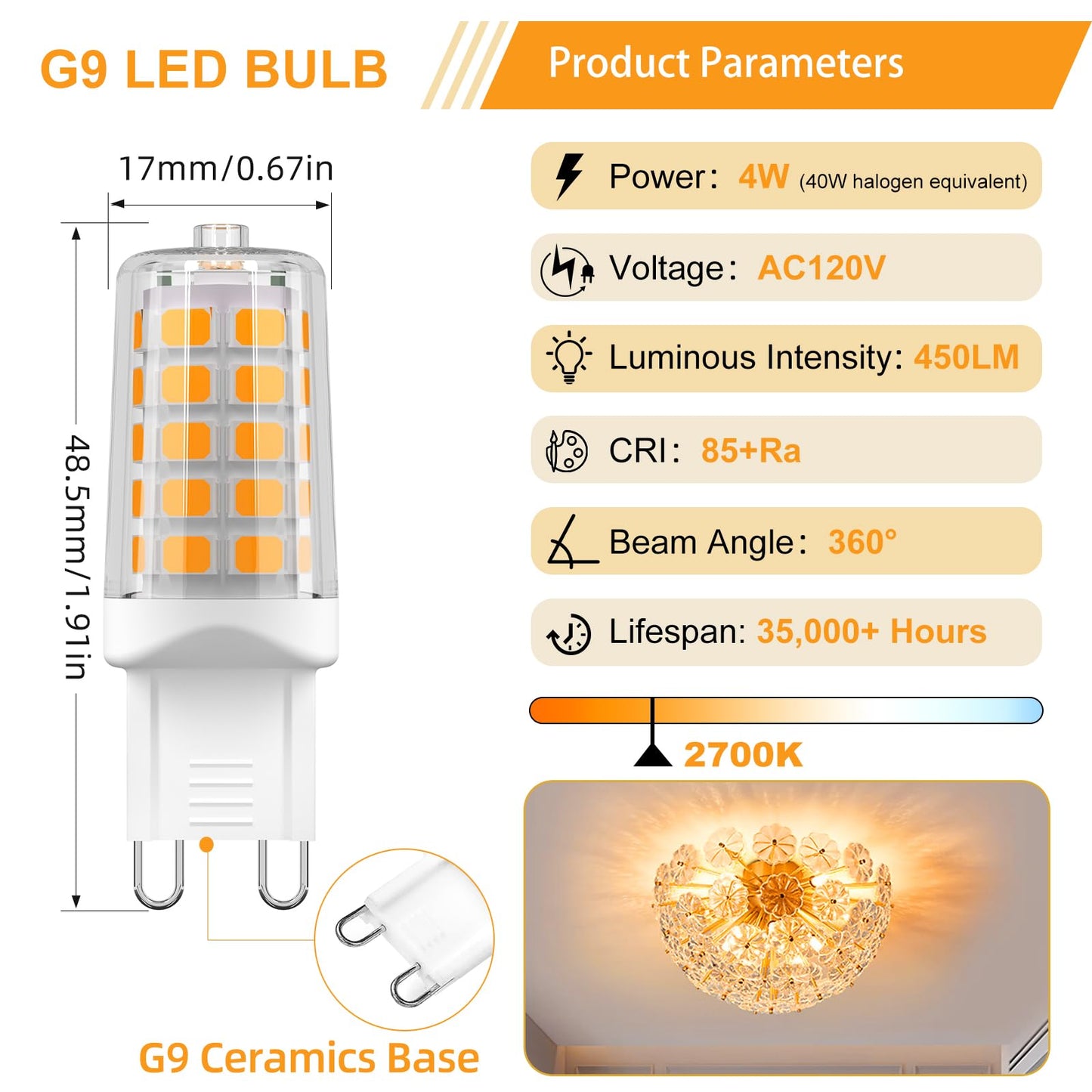 Baoming G9 Led Bulb 4W  40 Watt T4 G9 Base Halogen Equivalent  2700K Soft Warm White  120V No-Flicker  Chandelier Lighting Non-Dimmable 450Lm (12 Pack)