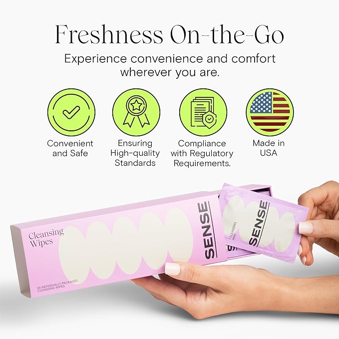 Sense Cleansing Wipes (12 Pack) Individually Wrapped pH Balance Wipes for Women - Made in the USA, Flushable Wipe, On-The-Go Before and After Freshness Intimate Wipe
