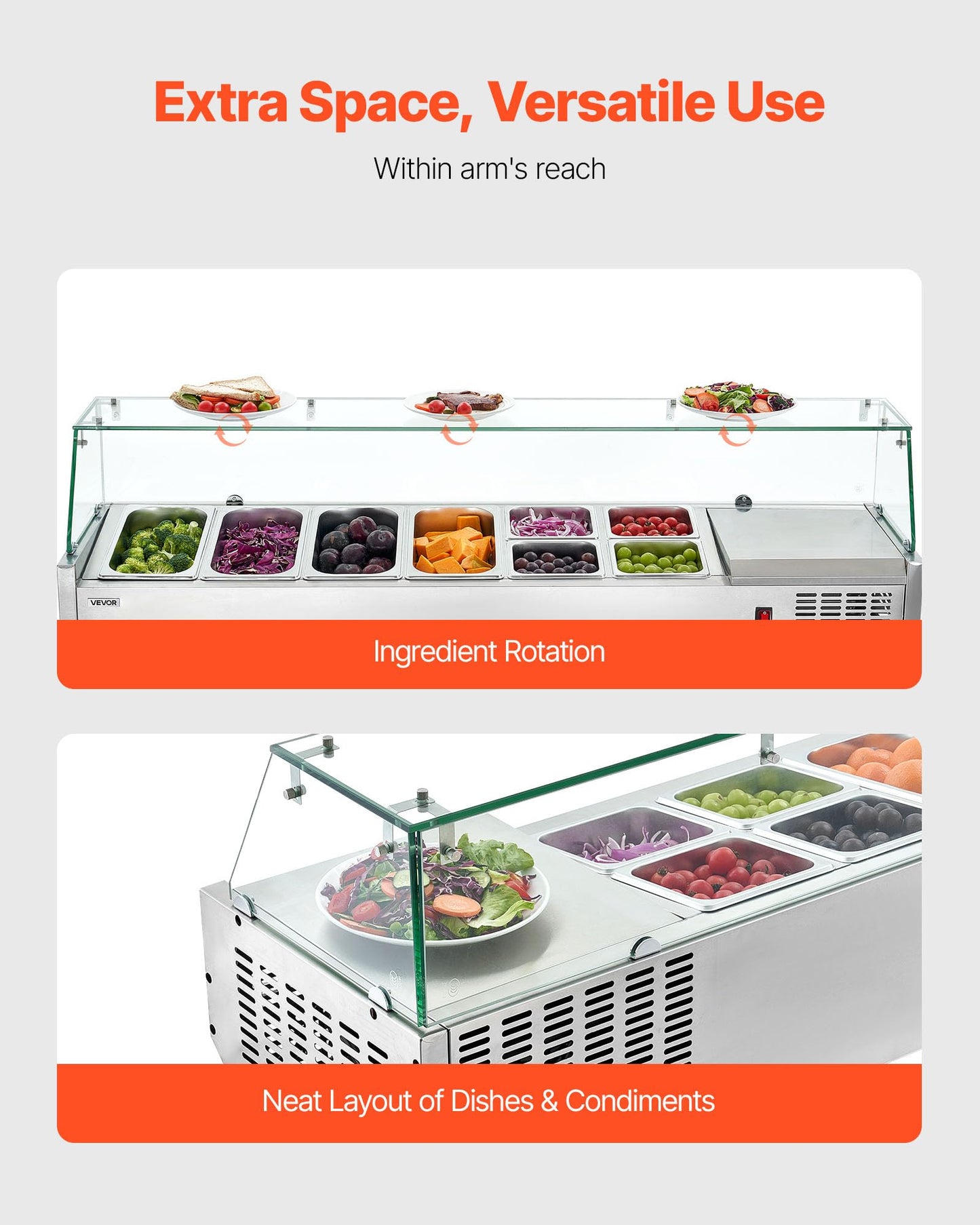 VEVOR Refrigerated Condiment Prep Station, 130 W Countertop Refrigerated Condiment Station, with Four 1/3 Pans & Four 1/6 Pans, 304 Stainless Body and PC Lid, Sandwich Prep Table with Glass Guard