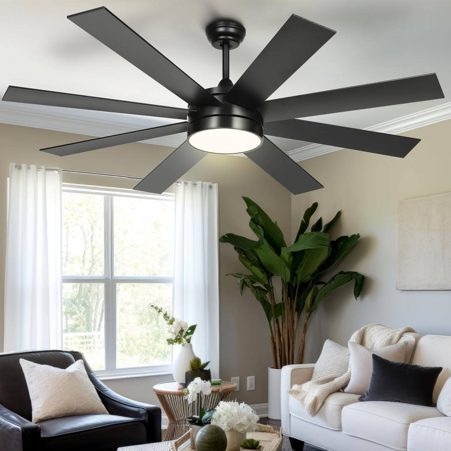 Yitahome 60 Inch Black Ceiling Fan With Lights And Remote,8 Blades,App Control, Modern Smart Ceiling Fan Compatible With Alexa F