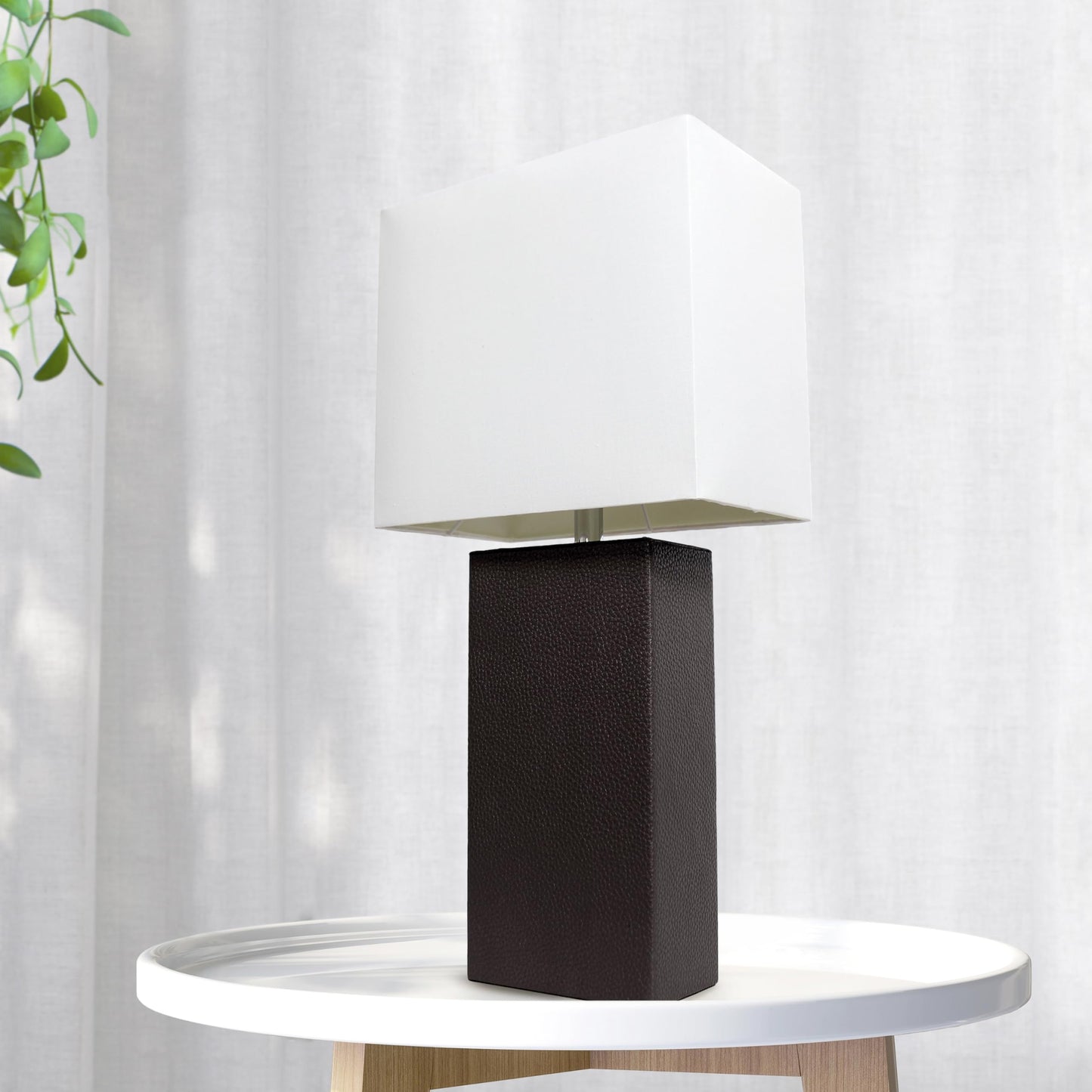 LALIA HOME Lexington 21in Leather Base Bedside Table Lamp, Black, Engineered Wood, White Rectangular Shade, Model LHT-3008