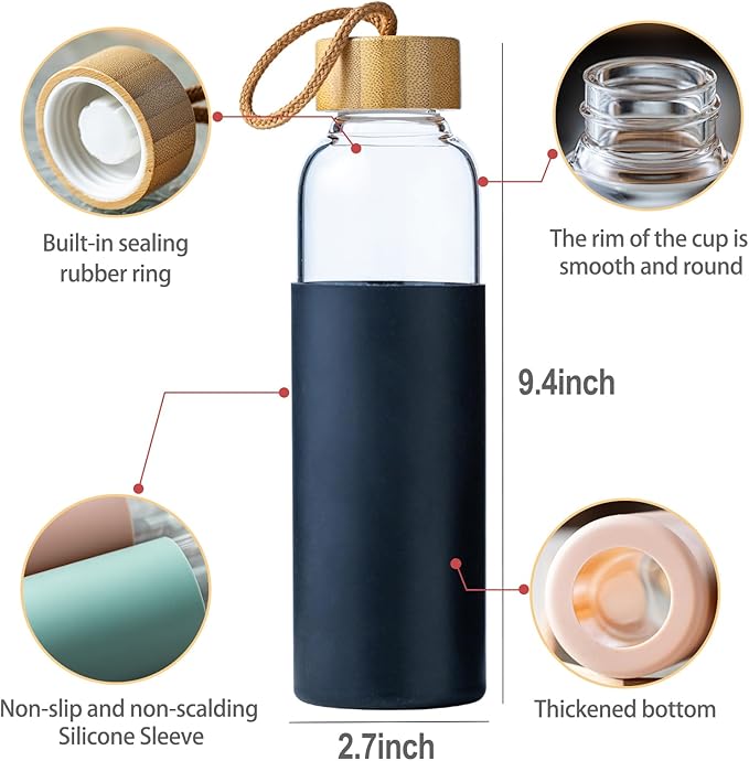 21oz Glass Water Bottle with Silicone Sleeve & Bamboo Lid, BPA Free Reusable Water Bottle Glass for Gym Office Travel, Gift for Fitness Enthusiasts (Black)