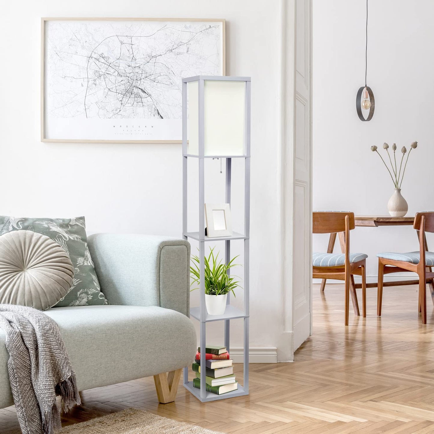 LALIA HOME Column Shelf Floor Lamp, Linen Shade, Gray, Wood, Model LHF-3004-GY