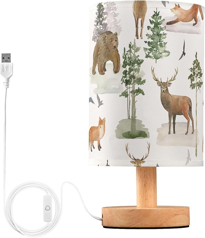 Table Lamp Watercolor Animal Forest Tree Deer Fox Bear Nightstand Lamp with Wood Base Fabric Lamp Shade Bedside Desk Lamp for Living Room Bedroom Kids Room Office