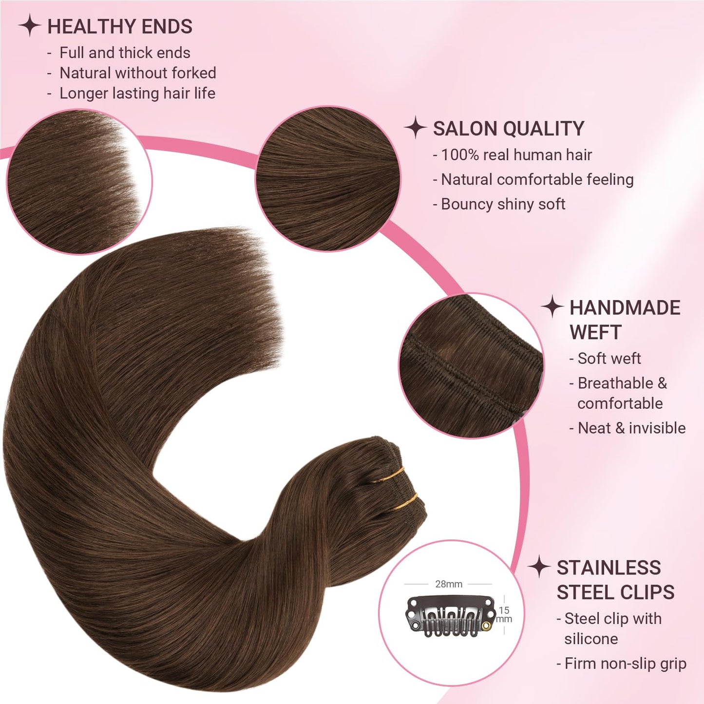 MAXITA Clip in Hair Extensions Real Human Hair, 7 pcs Chocolate Brown 12 Inch 80g, Clip ins Remy Hair Natural Straight Hair for